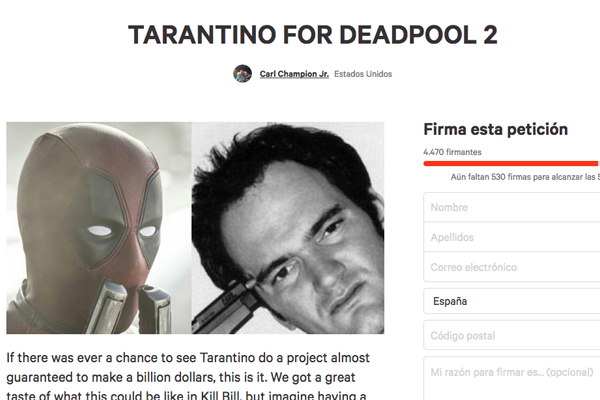 Un grupo de fans recoge firmas para que el director de “Deadpool 2” sea Quentin Tarantino
