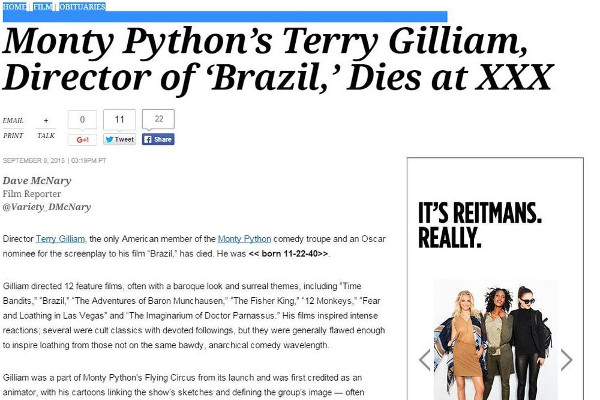 Por un error de edición on line, Variety da por muerto a Terry Gilliam